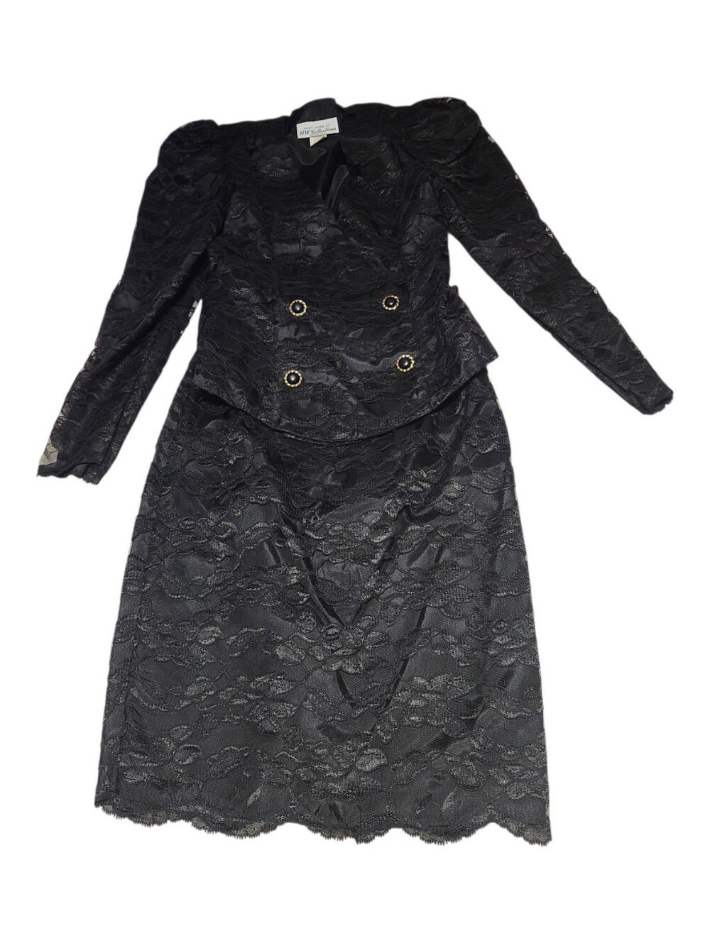 VTG 80s Shuet Young for HW Collections Black Lace Skirt Suit 2pc Set 6 Peplum
